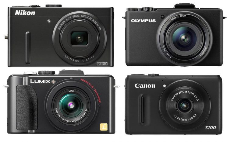 Beispiele für digitale Kompaktkameras von Nikon, Olympus, Lumix und Canon