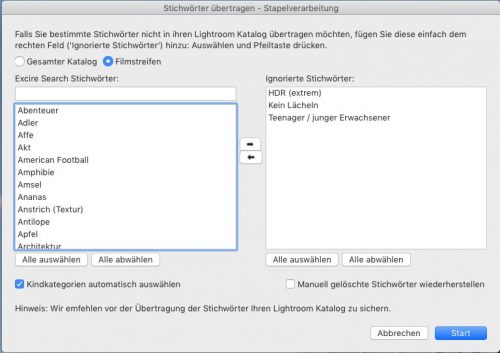 Stichworte in Lightroom übertragen