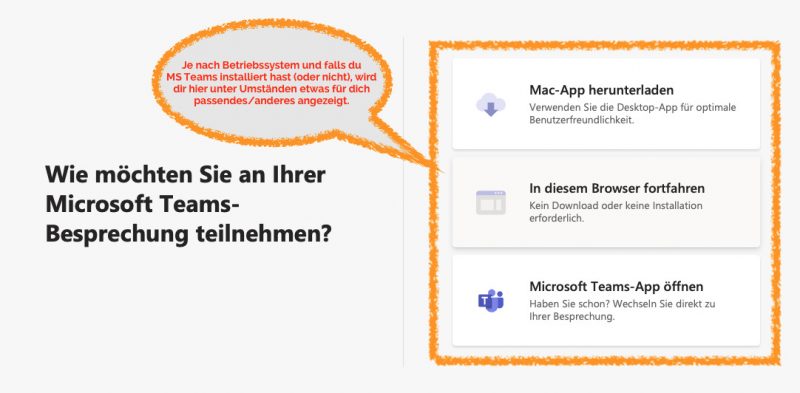 Die Teilnahme Optionen im Internetbrowser - es wird empfohlen die MS Teams App zu installieren und zu verwenden