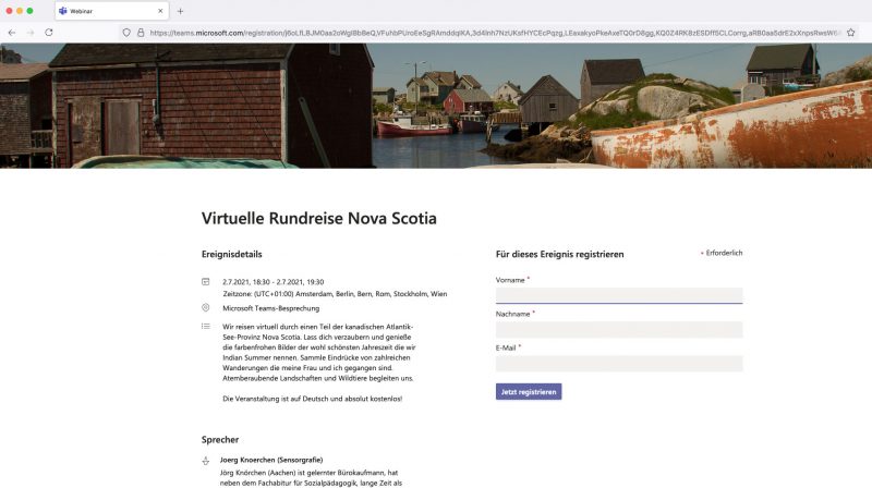Vorschau des Registrierungsformulars von MS Teams hier zur virtuellen Nova Scotia Reise