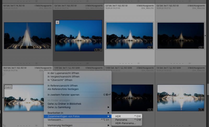 Lightroom Classic "Zusammenfügen von Fotos" zu einem HDR