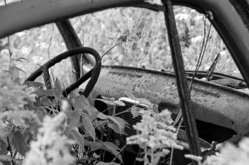 Der Verzicht auf Farbe, lenkt den Betrachter auf den Oldtimer und nicht das Grün der Feldwiese.