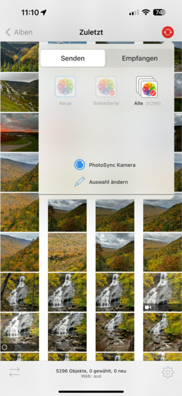 PhotoSync Start der Übertragung, Neue, Ausgewählte, Alle oder per Kamera