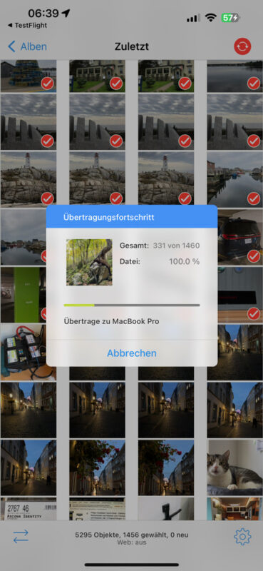 PhotoSync Übertragungsfortschritt