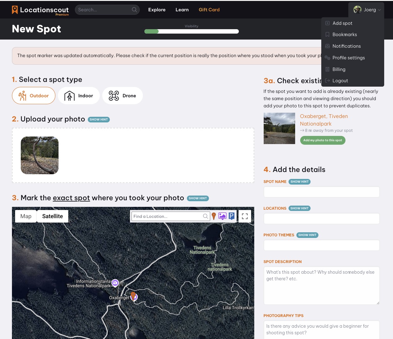 Screenshot Locationscout.net - neue Fotospots anlegen in nur vier Schritten