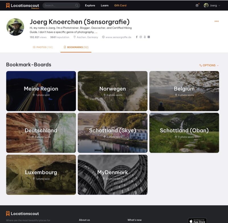 Screenshot Locationscout Dashboard meine Bookmarks